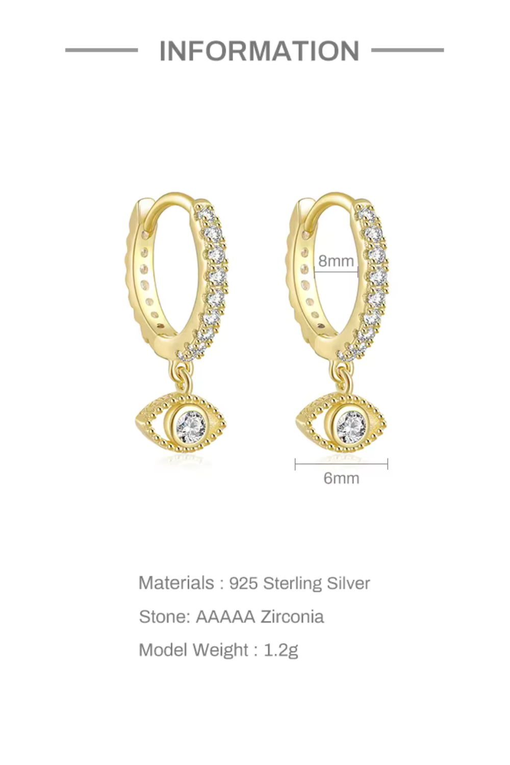 Evil Eye Drop Earrings. 925 Stirling Silver, 18K Gold Pendant Earrings.