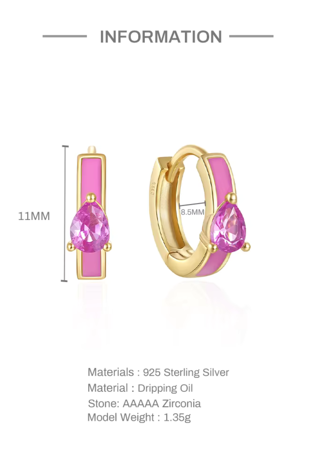 Pink Teardrop Huggies. 18k Gold, 925 Stirling Silver Hoop Earrings.