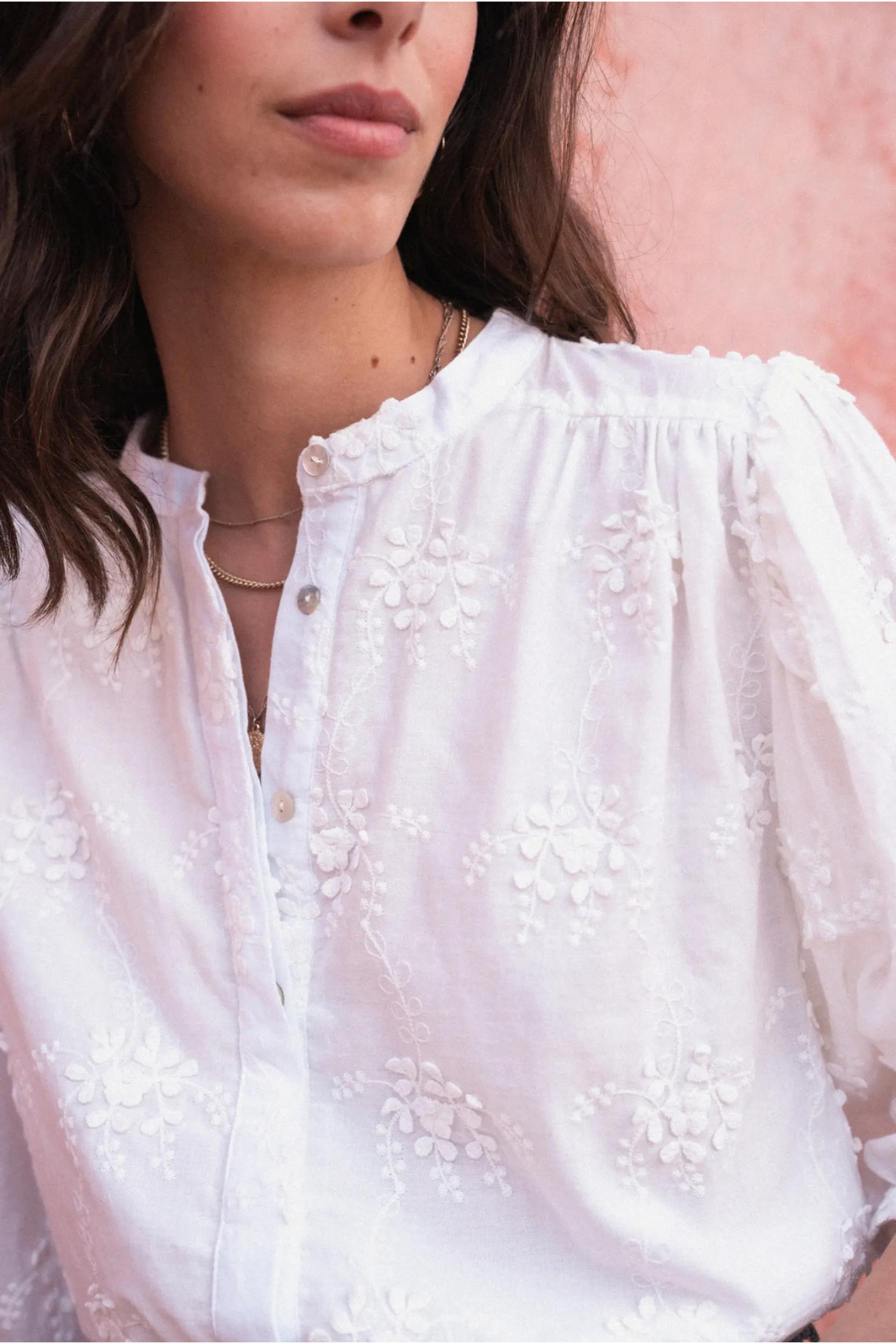 Model wearing embroidery detail white shirt