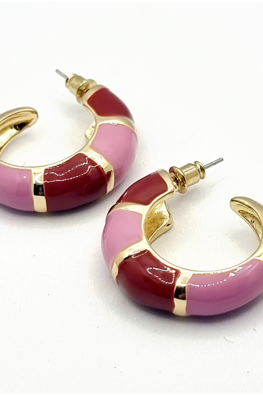 Pink and red colour block hoop earrings