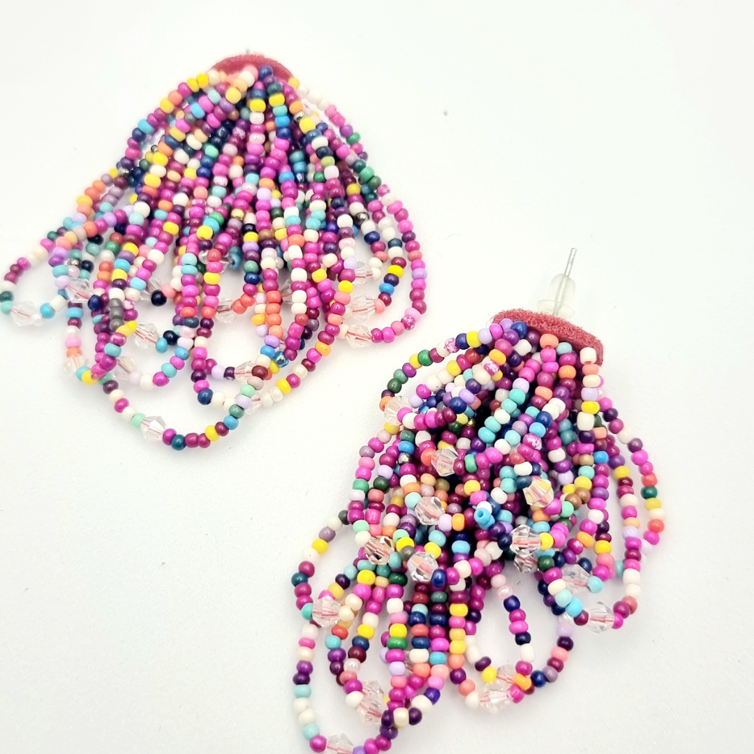 multi-colour beaded tassel drop earrings