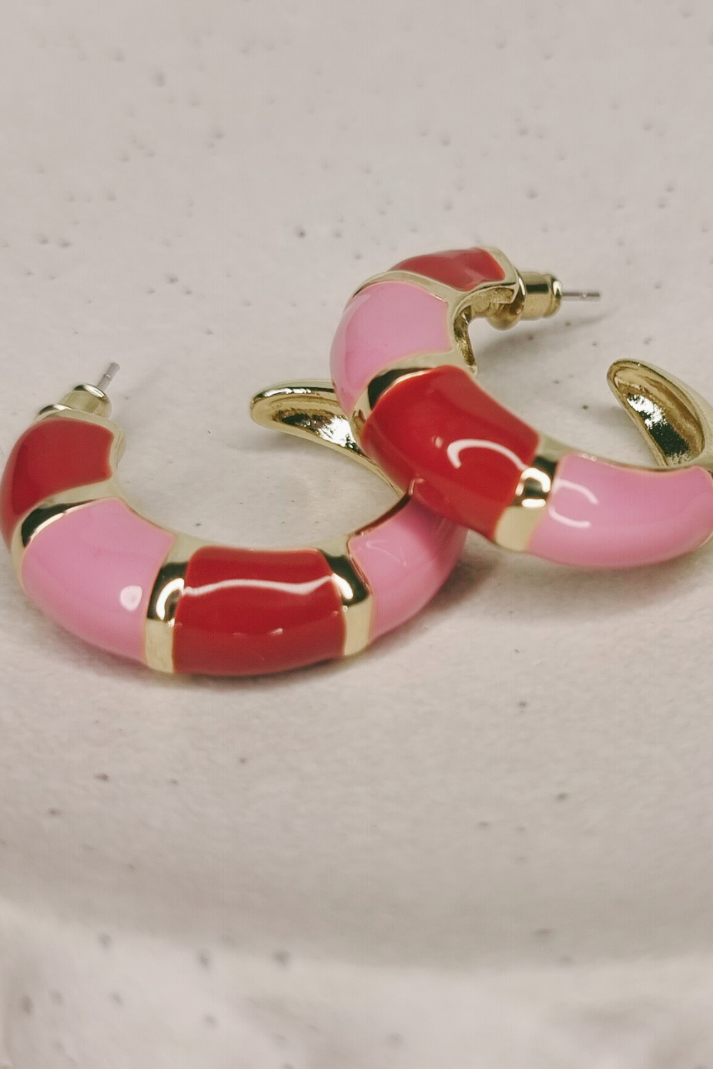 Pink and red colour block hoop earrings