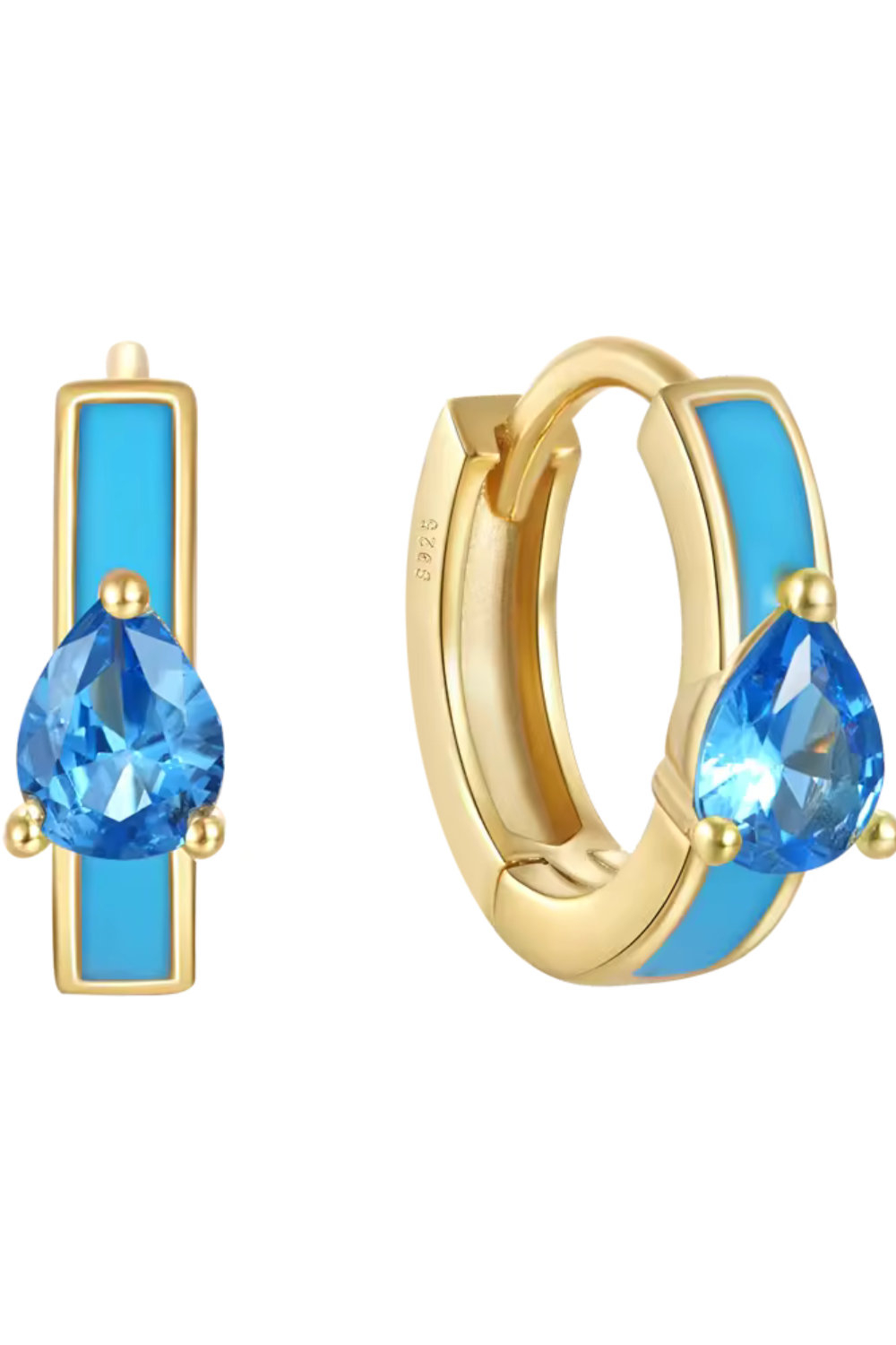 Blue Teardrop Huggies. 18k Gold, 925 Stirling Silver Hoop Earrings.