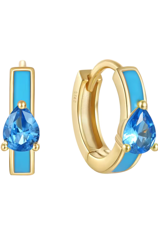 Blue Teardrop Huggies. 18k Gold, 925 Stirling Silver Hoop Earrings.