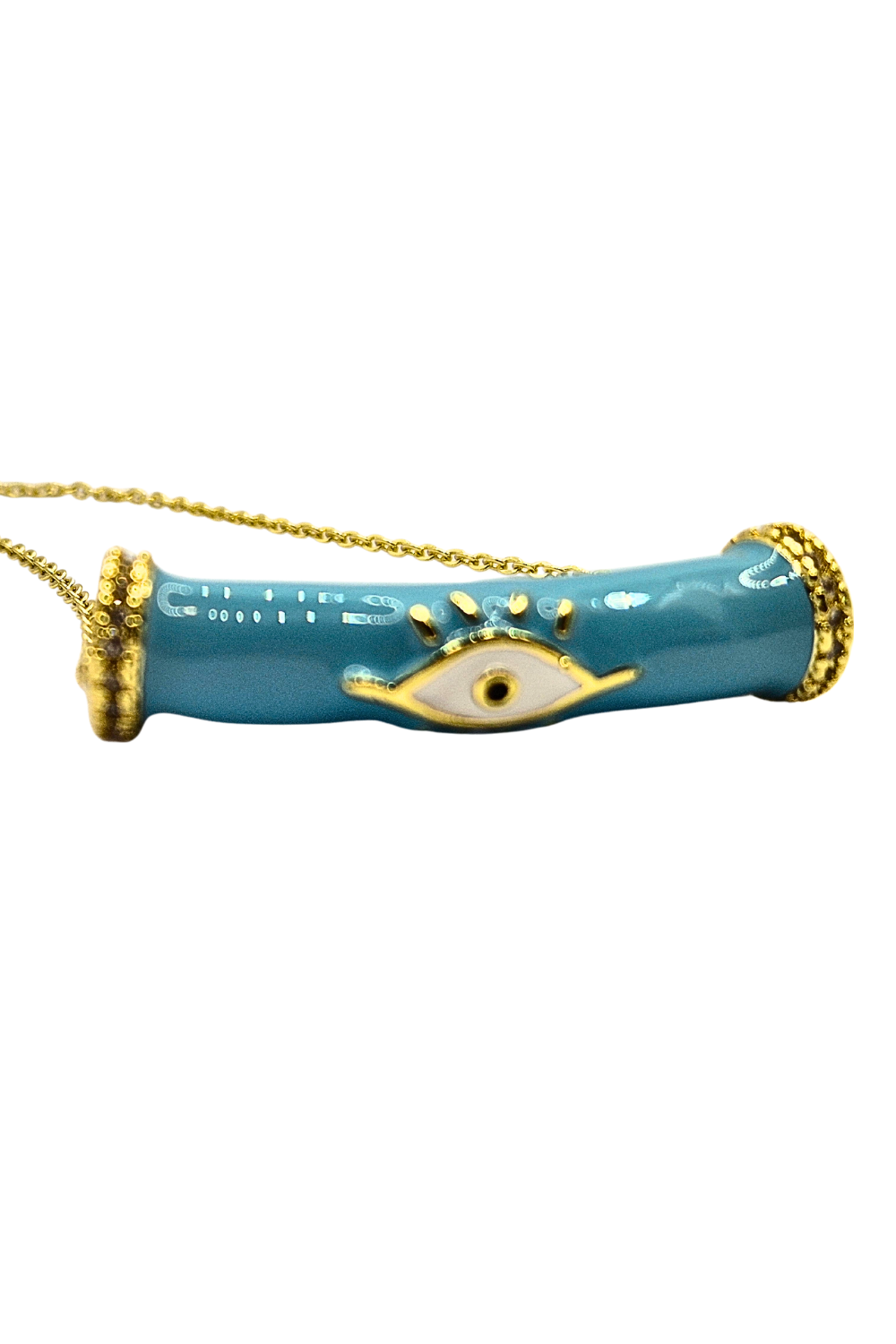 Blue evil eye tube pendant necklace, 18k gold