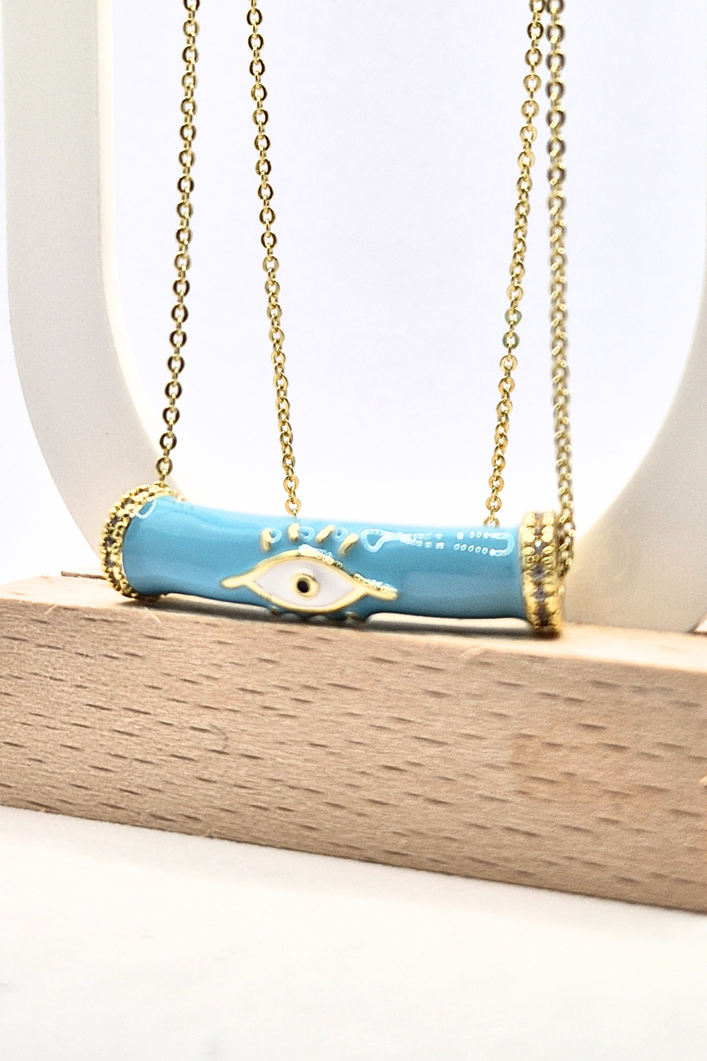 Blue evil eye tube pendant necklace, 18k gold