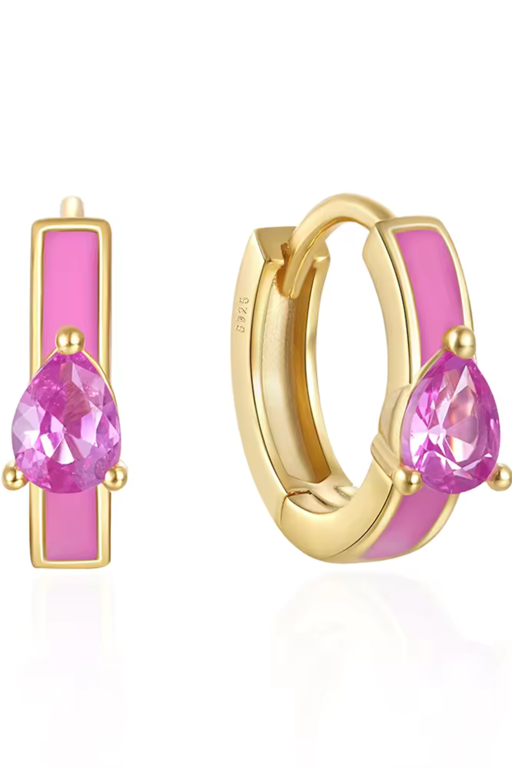 Pink Teardrop Huggies. 18k Gold, 925 Stirling Silver Hoop Earrings.