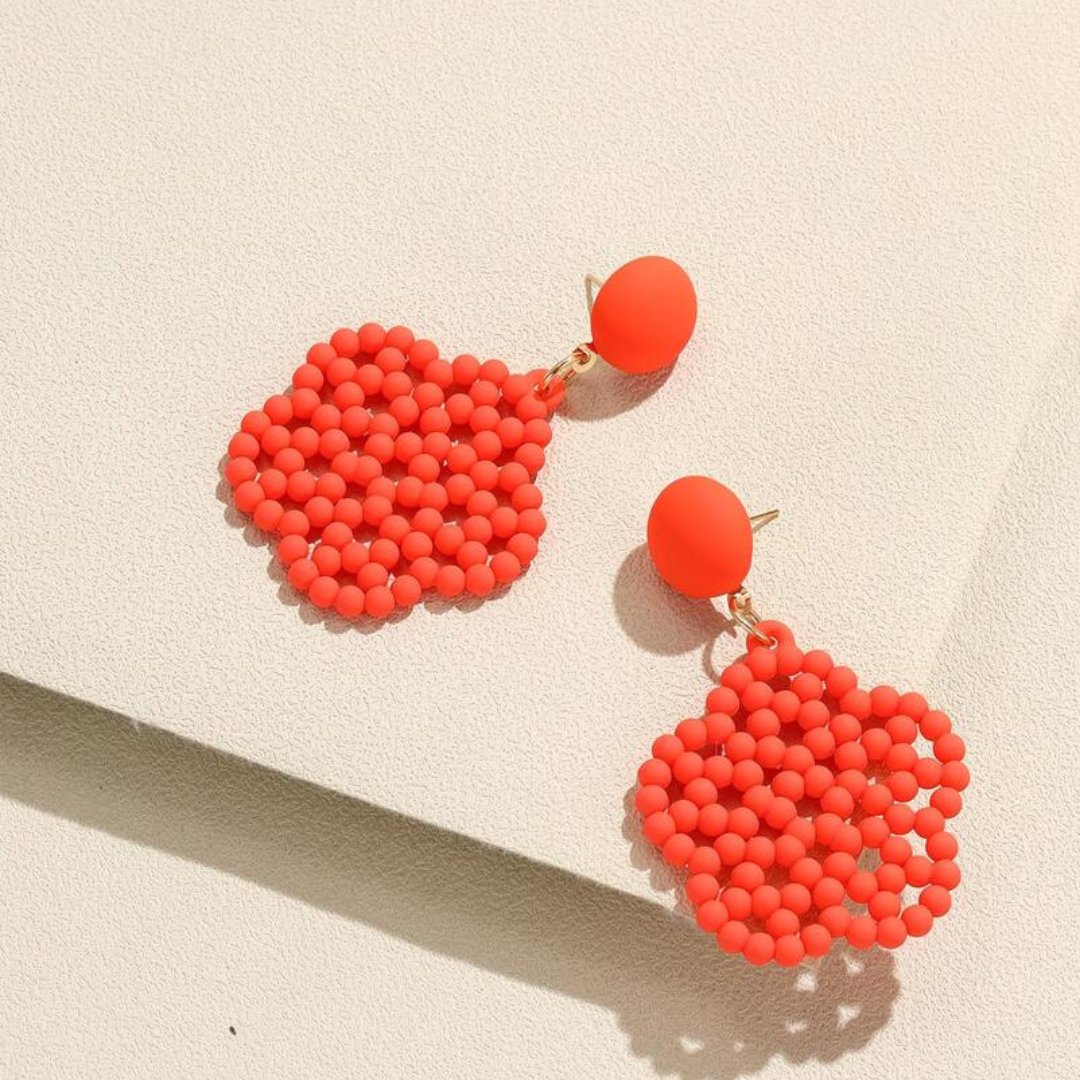 Orange beaded flower drop earrings