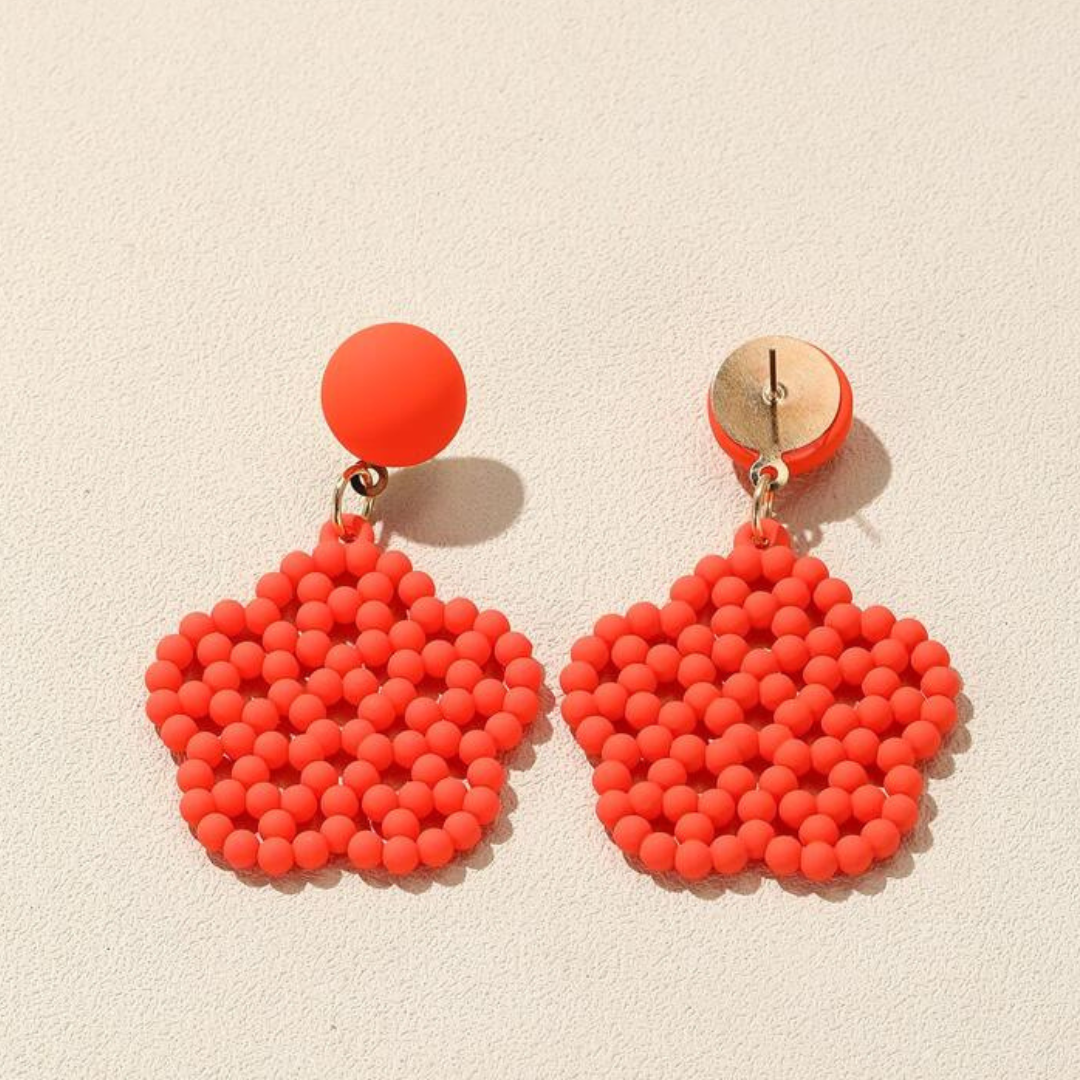 Orange beaded flower drop earrings