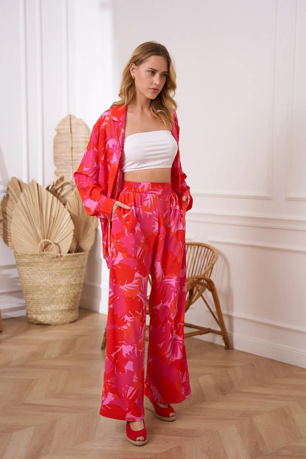 Fushia palm print, wide leg pants