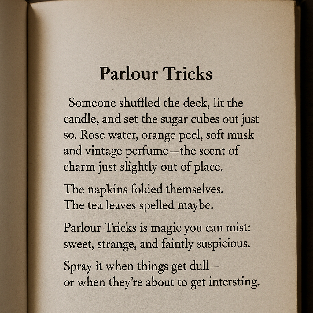 Parlour Tricks
Someone shuffled the deck, lit the candle, 
and set the sugar cubes out just so.
 Rose water, orange peel, soft musk and vintage perfume
 — the scent of charm just slightly out of place.
 The napkins folded themselves. 
The tea leaves spelled maybe.
 Parlour Tricks is magic you can mist: sweet, 
strange, and faintly suspicious.
 Spray it when things get dull — 
or when they’re about to get interesting.