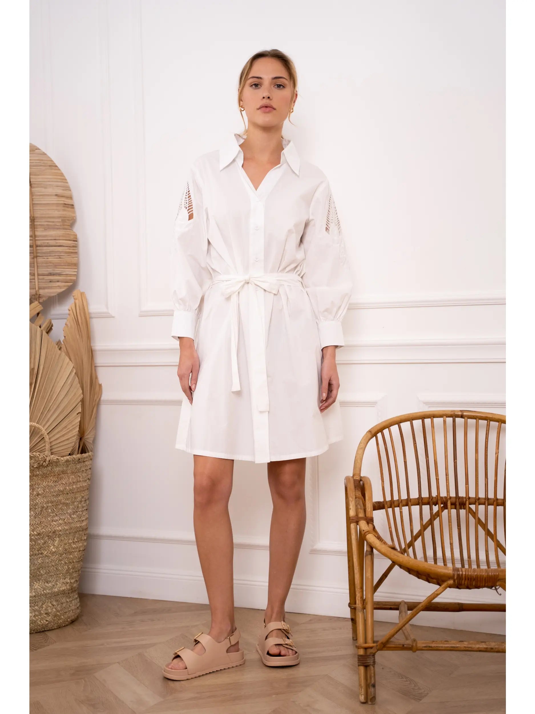 White shirt dress with lace detail sleeve, loose fit with tie belt from Choklate Paris