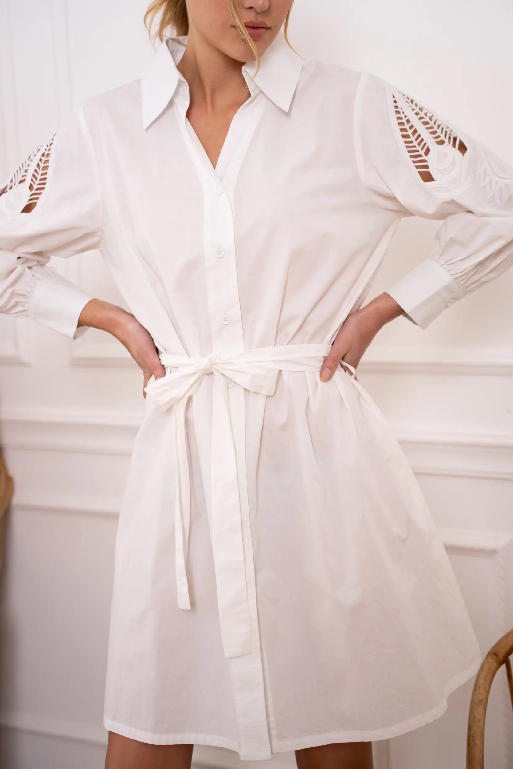 White shirt dress with lace detail sleeve, loose fit with tie belt from Choklate Paris