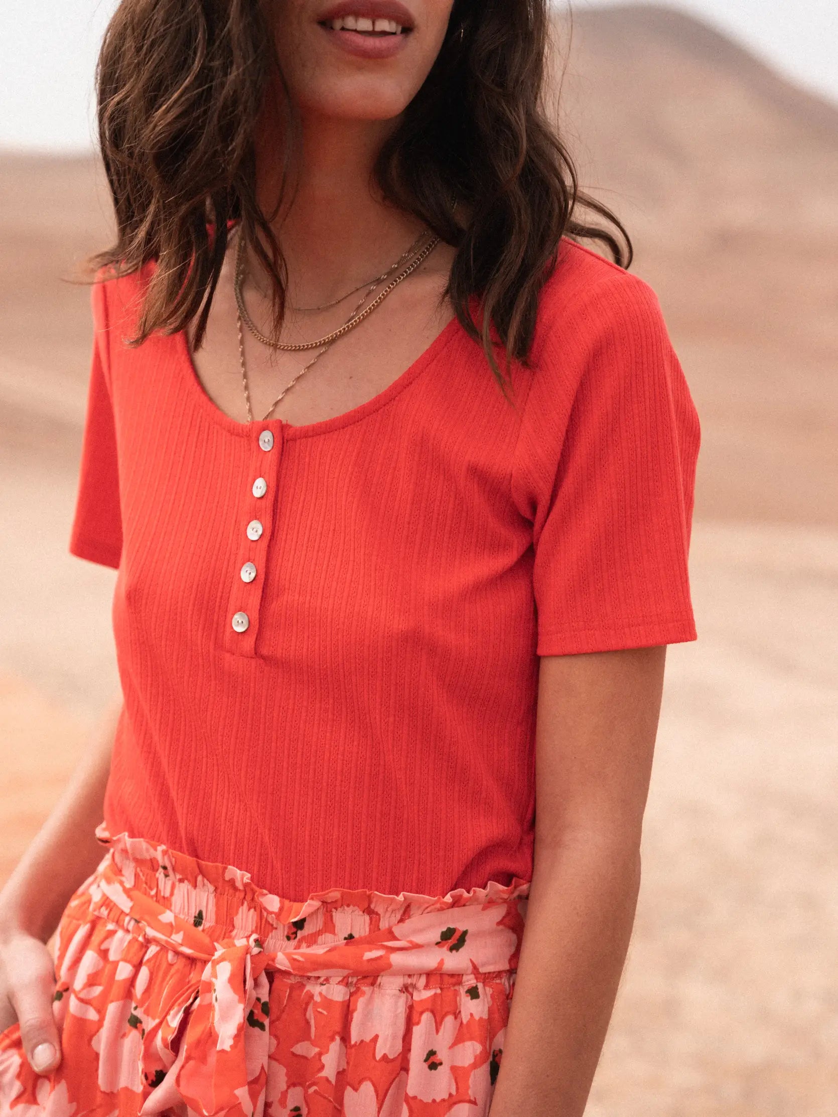 Nicole coral, round neck, pearl button Tee shirt from Garance Paris.