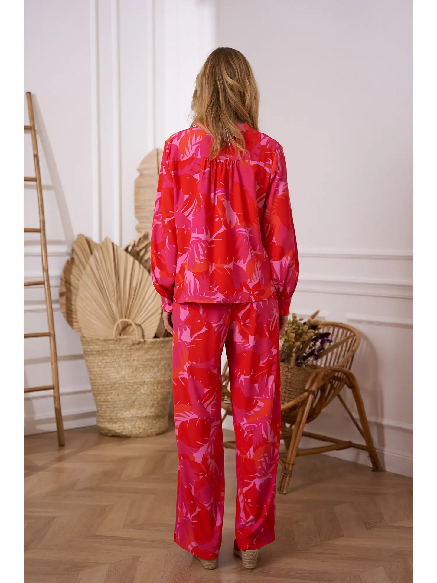 Coral/Fuchsia long sleeve blouse with palm print, loose fit from Choklate Paris.