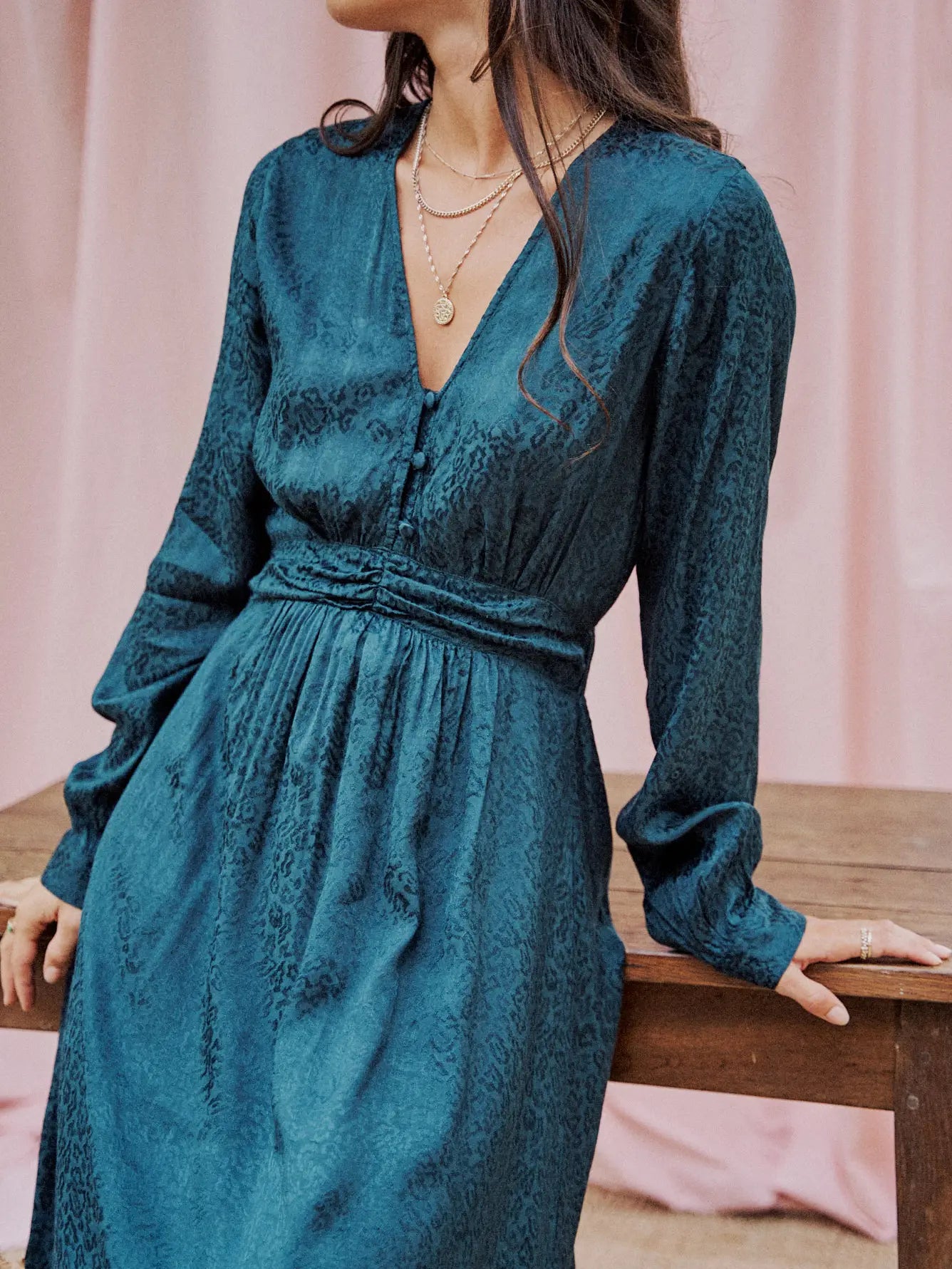 MAGGIE teal/green long sleeve midi dress satin finish with leopard print from Garance Paris