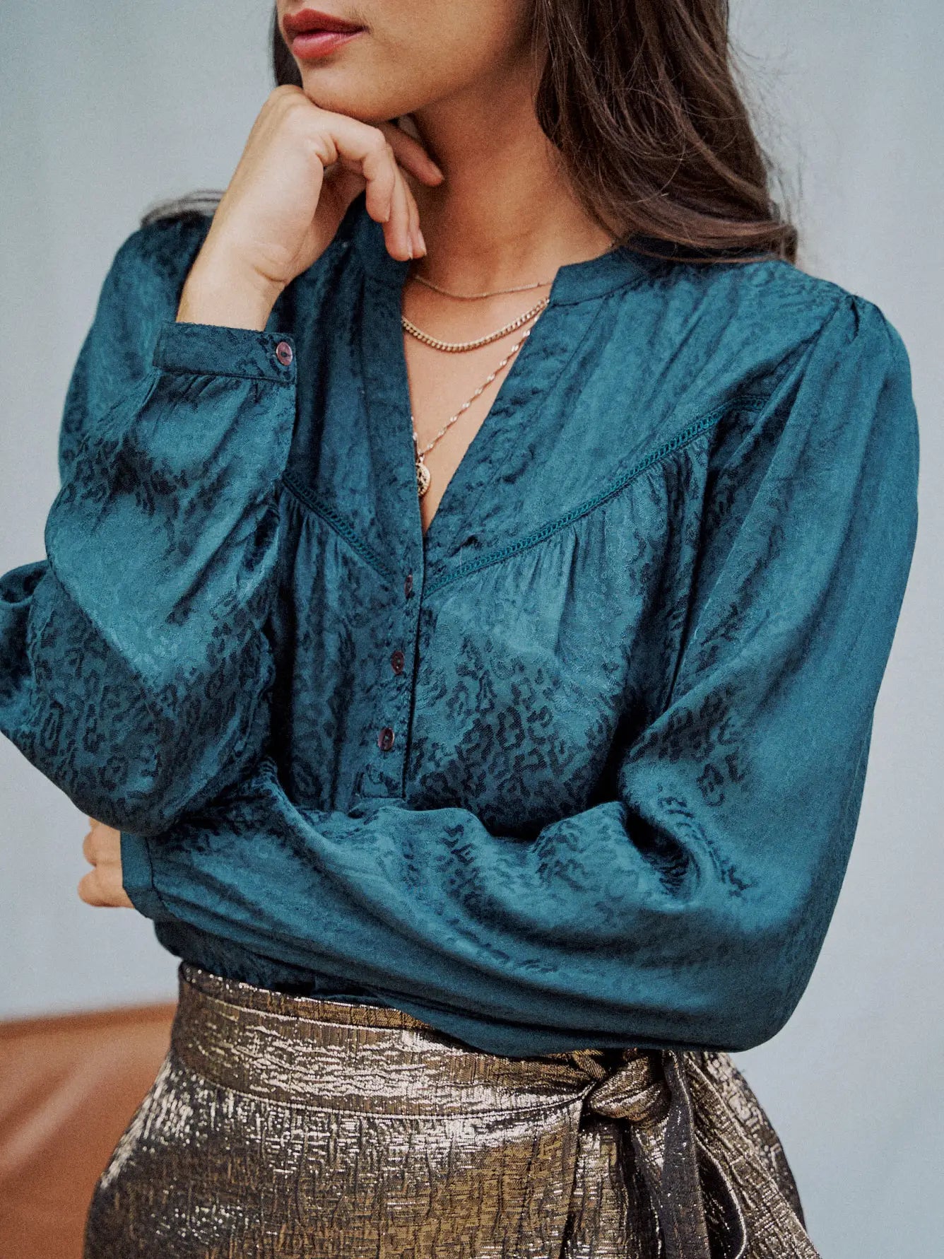 Maggie teal/green v neckline, leopard print, long sleeve blouse satin look. from Garance Paris.