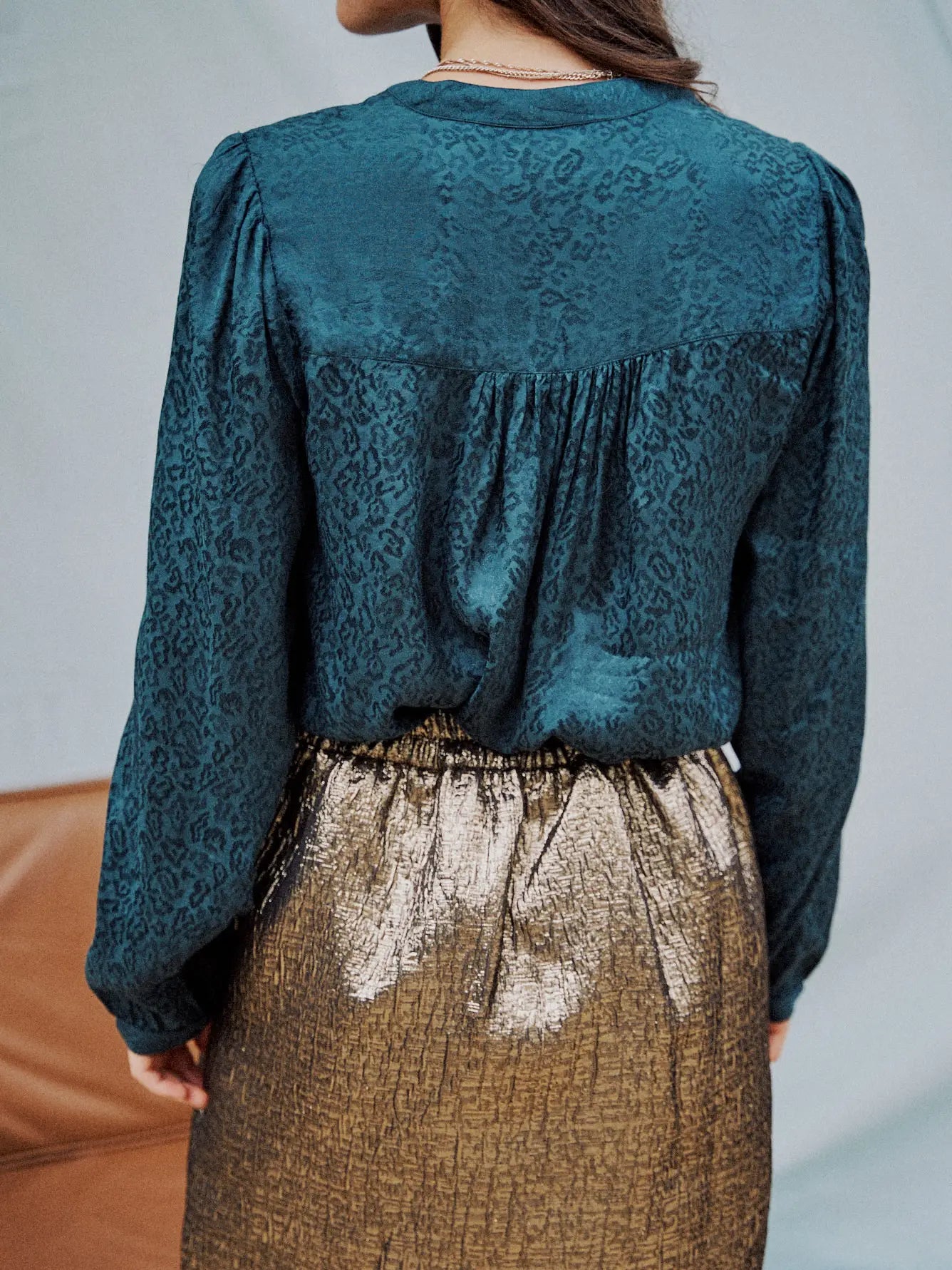 Maggie teal/green v neckline, leopard print, long sleeve blouse satin look. from Garance Paris.