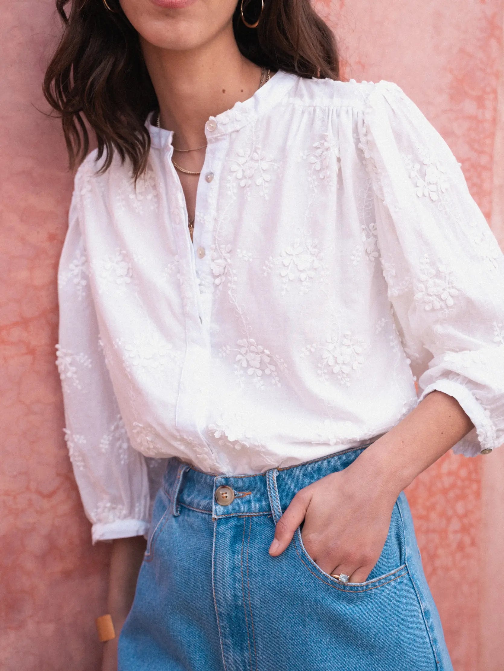 KETTY white embroidered long sleeve blouse from Garance Paris. Fine detail.